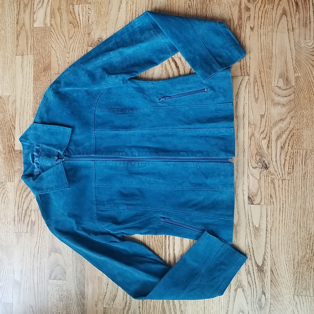 (M) SUZY Suzy Shier Lined Colored Leather Jacket Aqua Color Moto Fancy Lux
